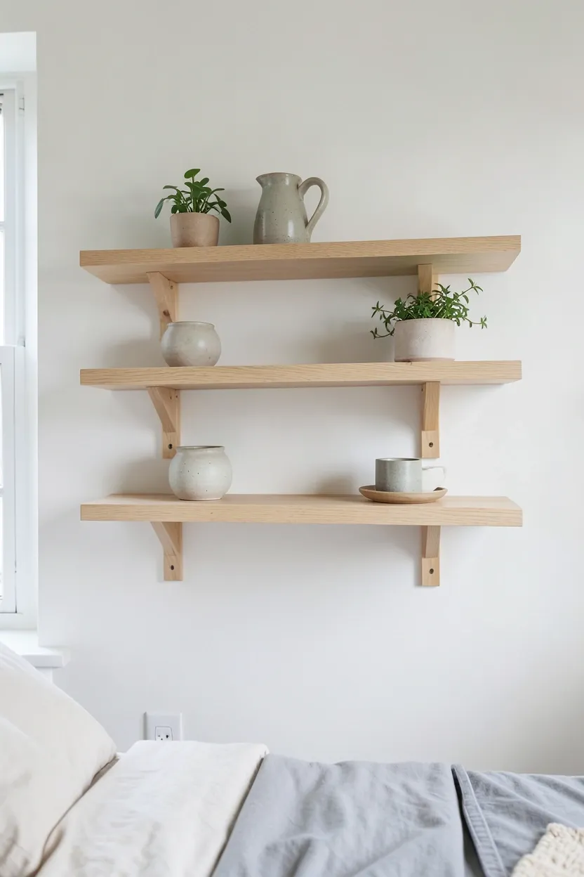 Light oak wooden floating shelves with dried botanical arrangement and ceramic vase on white wall in a scandinavian bedroom
