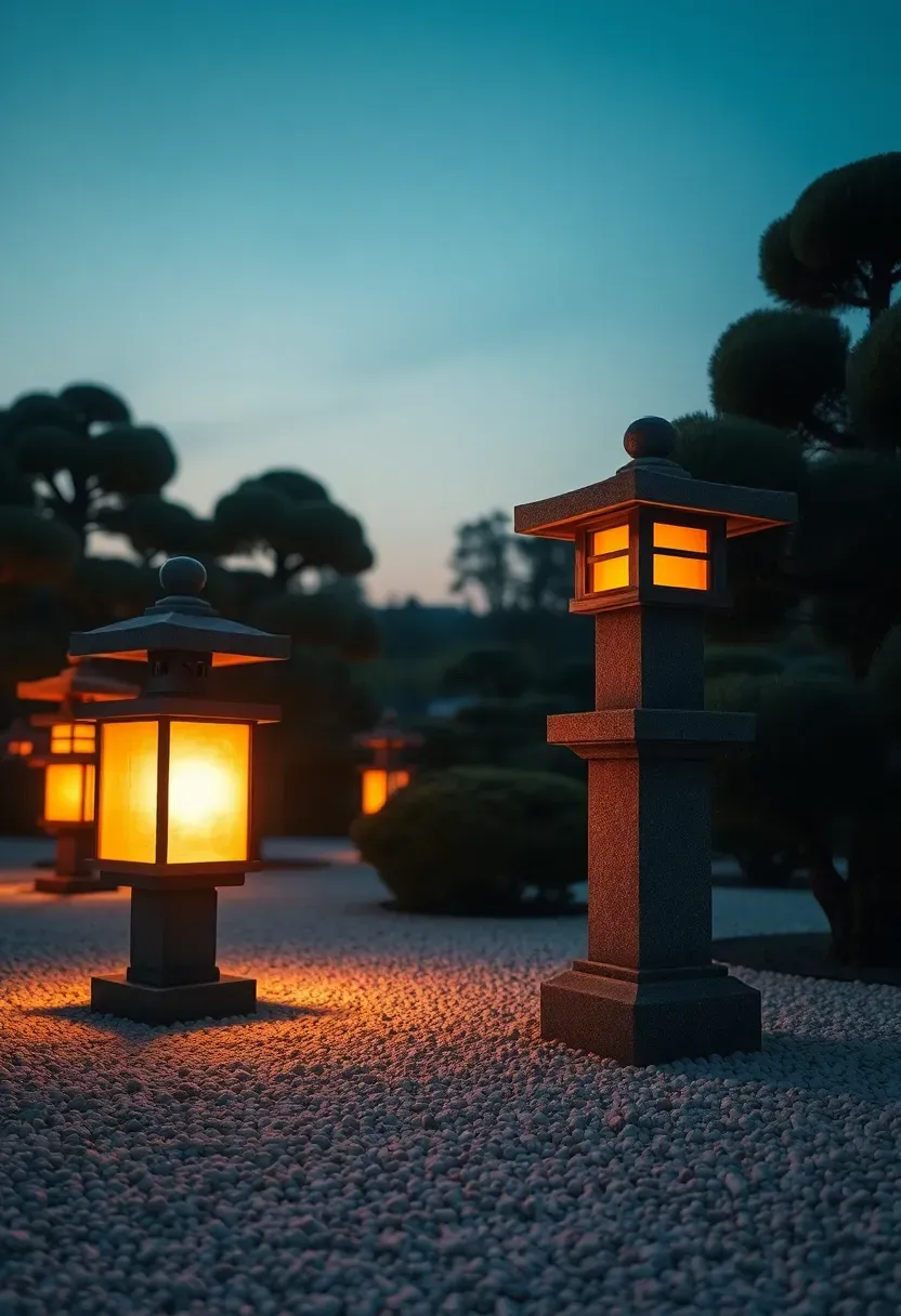 Zen garden at dusk with stone lanterns glowing amber, illuminating raked gravel patterns and low black pine trees in a tranquil nighttime landscape