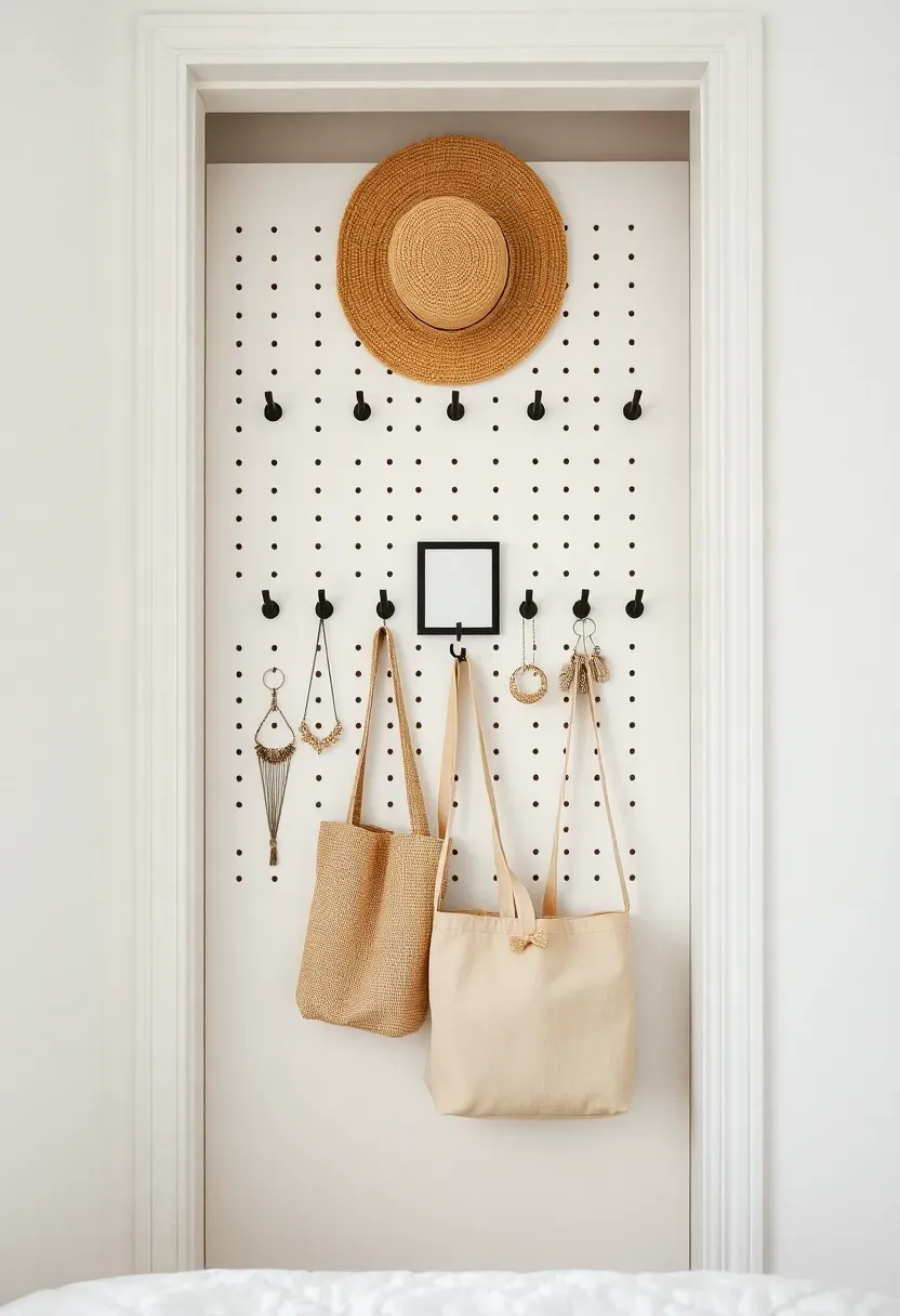 White pegboard wall installed inside a closet opening with hooks holding hats, bags, and accessories