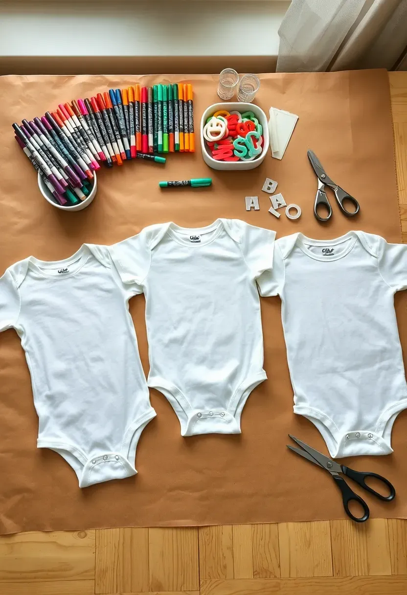DIY onesie decorating station at a baby shower with plain white onesies, fabric markers, iron-on transfers, and stencils on a craft table