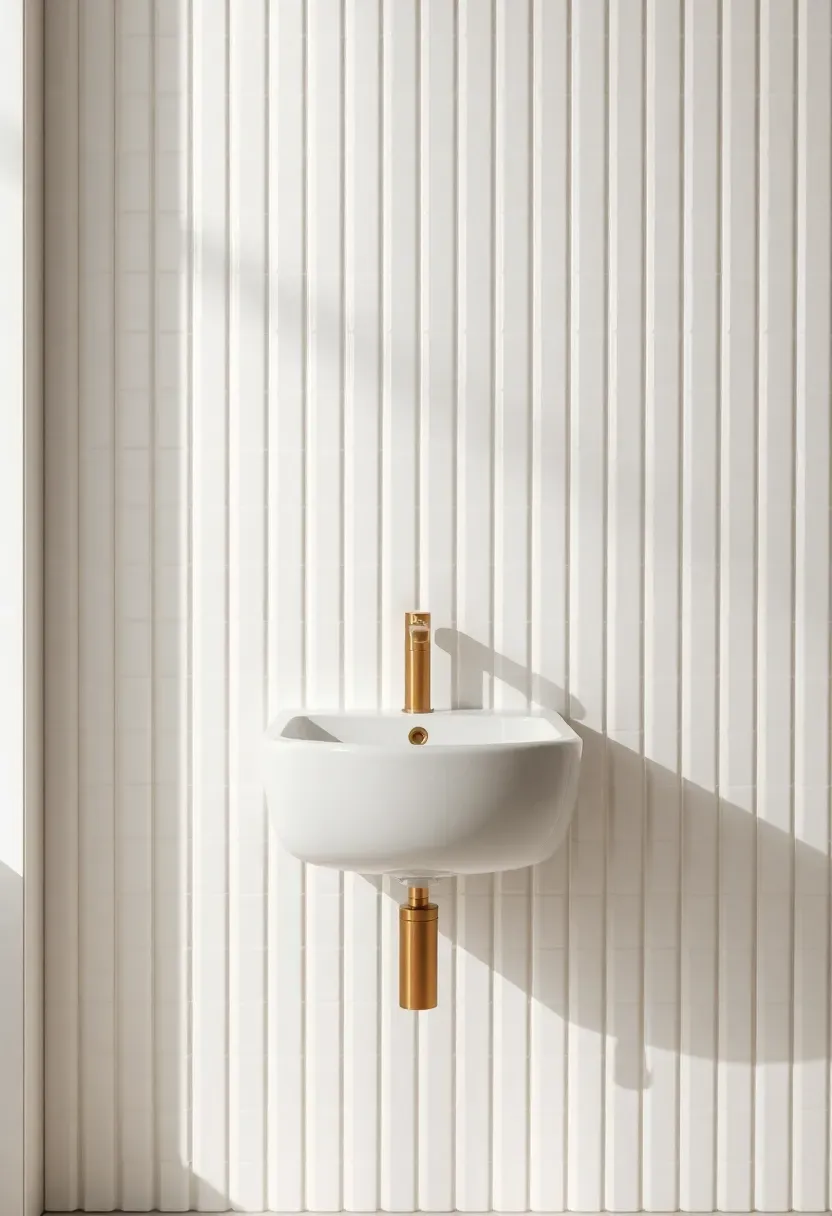 Bathroom wall with white subway tiles installed in vertical stack bond pattern behind a wall-mounted sink with brass faucet