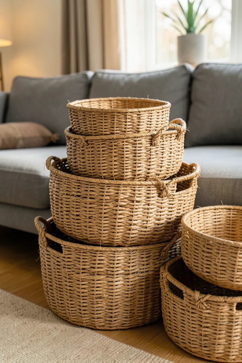 Stacked seagrass and rattan woven baskets under a sideboard providing natural storage in a modern rustic living room