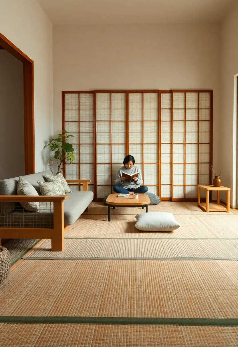Hyper-realistic 3/4 view of a modern tatami-inspired living space with floor-level living: natural tatami mats covering floor, low sofa at seating height, low coffee table, person sitting on floor cushion reading book. Materials: woven tatami mat with visible grass texture, low furniture with wooden frames, cotton floor cushion (zabuton), light wood low table. Soft diffused light from shoji screen creating even illumination and emphasizing texture variation between tatami and wood. Clean walls with minimal art, no standard-height furniture visible. Shallow depth of field focusing on floor seating elements. No text, no logos, no watermarks.</p>