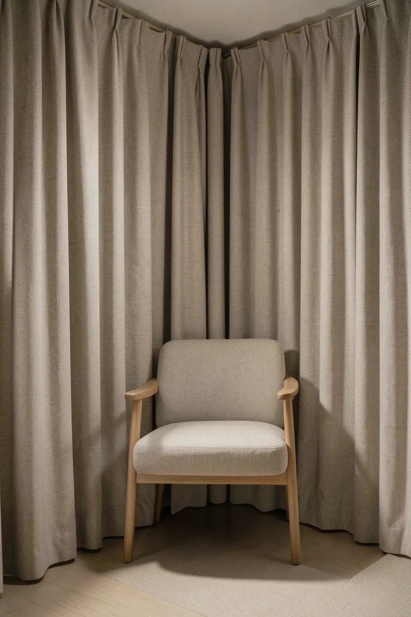 Floor-length neutral linen curtains drawn around a bedroom corner with a cushioned chair on a small rug and a lamp inside — renter-friendly reading pod with no walls