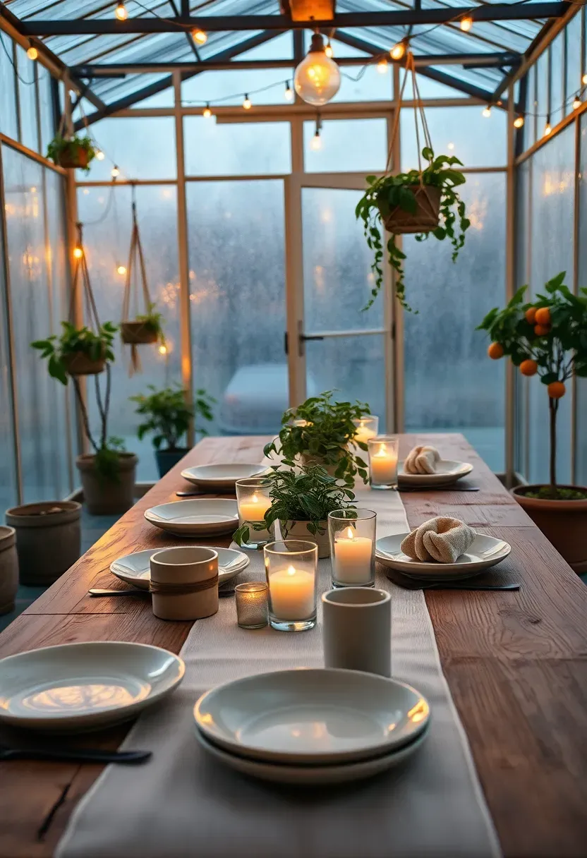 A beautifully set dining table inside a greenhouse surrounded by hanging plants string lights and potted citrus trees at dusk