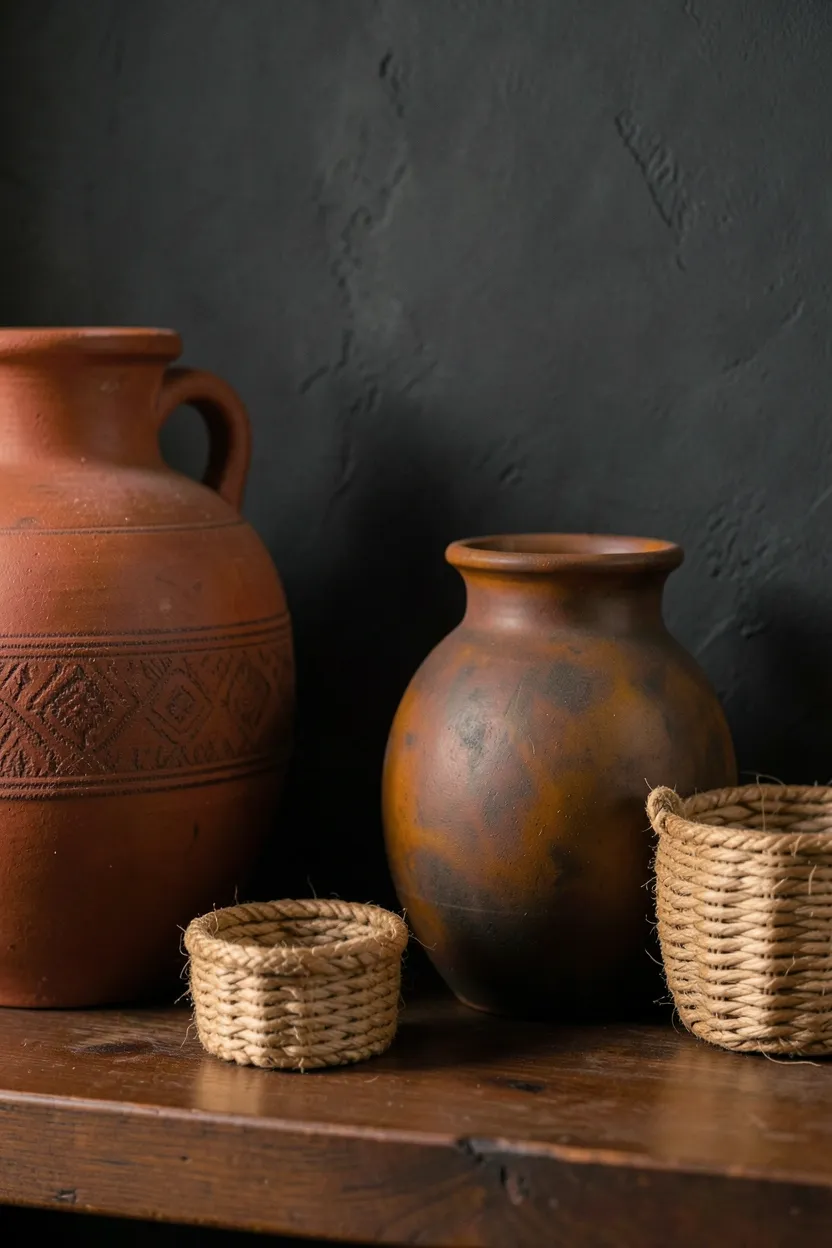 Terracotta ceramic pots and earth tone vases on dark wood shelves in a moody boho living room — renter-friendly decor accents