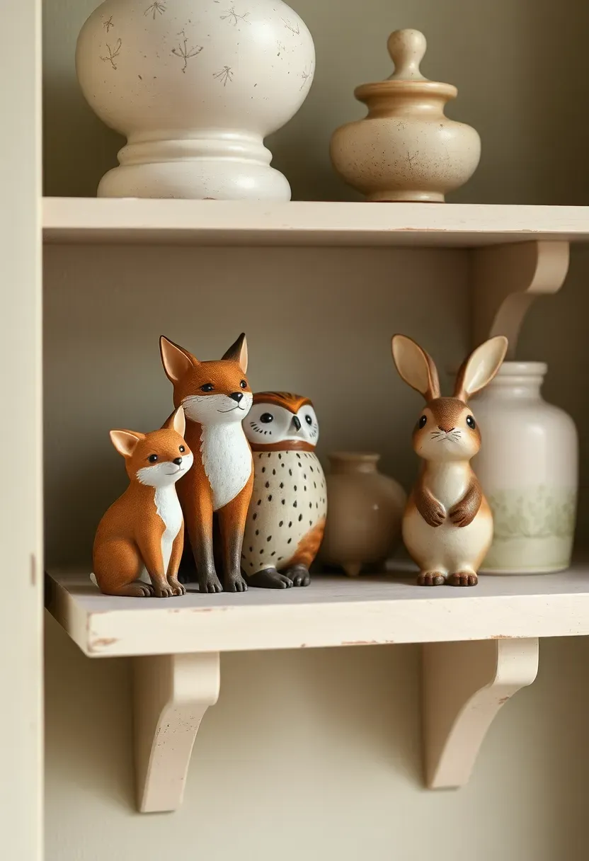 hand-painted ceramic animal figurines on a cottage antique shelf
