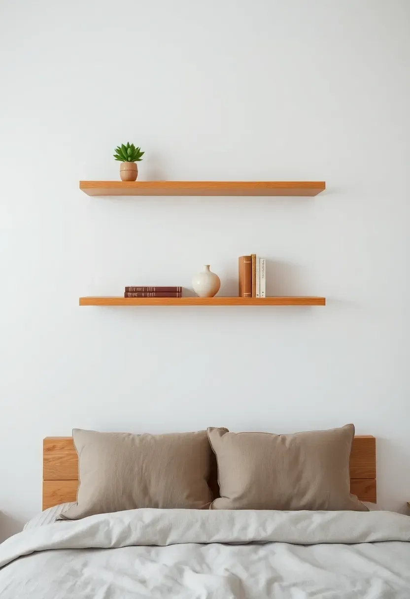 Hyper-realistic view of minimalist boho bedroom wall with three floating light wood shelves above the bed. Materials: natural oak shelves, white wall, carefully edited decor—small ceramic vase, one plant, two books. Negative space around objects. Clean minimalist composition with intentional spacing. No text, no logos, no watermarks.</p>