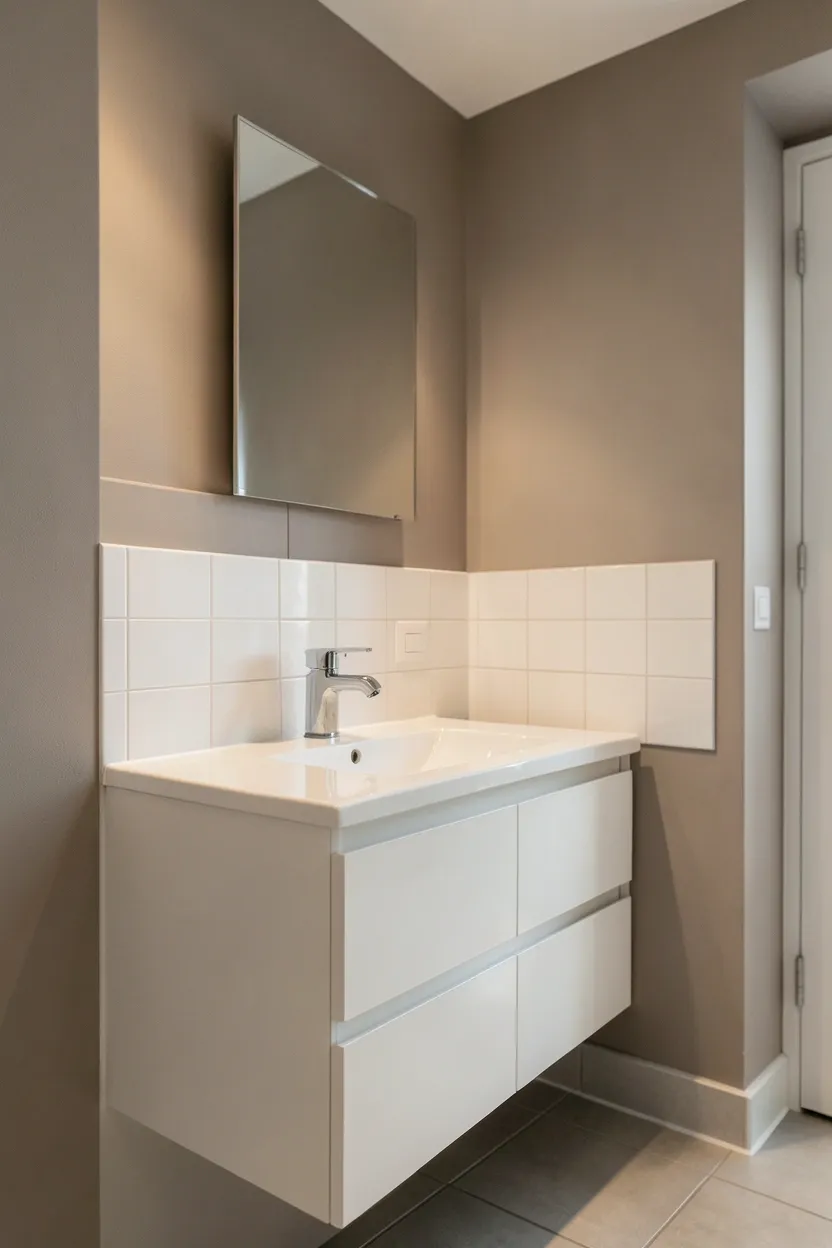 Neutral rental bathroom with soft taupe walls, white vanity, and linen towels — warm and sophisticated apartment color palette