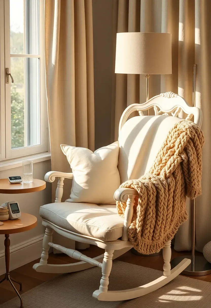 French provincial rocking chair with cream upholstery in cozy nursery corner with floor lamp and knit throw