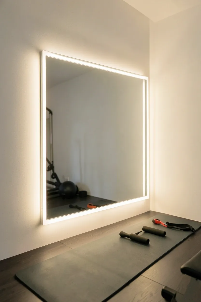 Dimmable recessed LED ceiling lights in a clean small gym room providing even overhead illumination for workouts