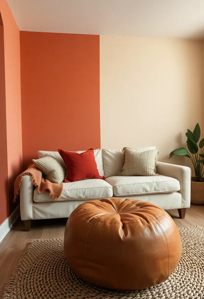 Basement apartment living area painted in warm terracotta and cream tones with textured throw pillows and a woven rug