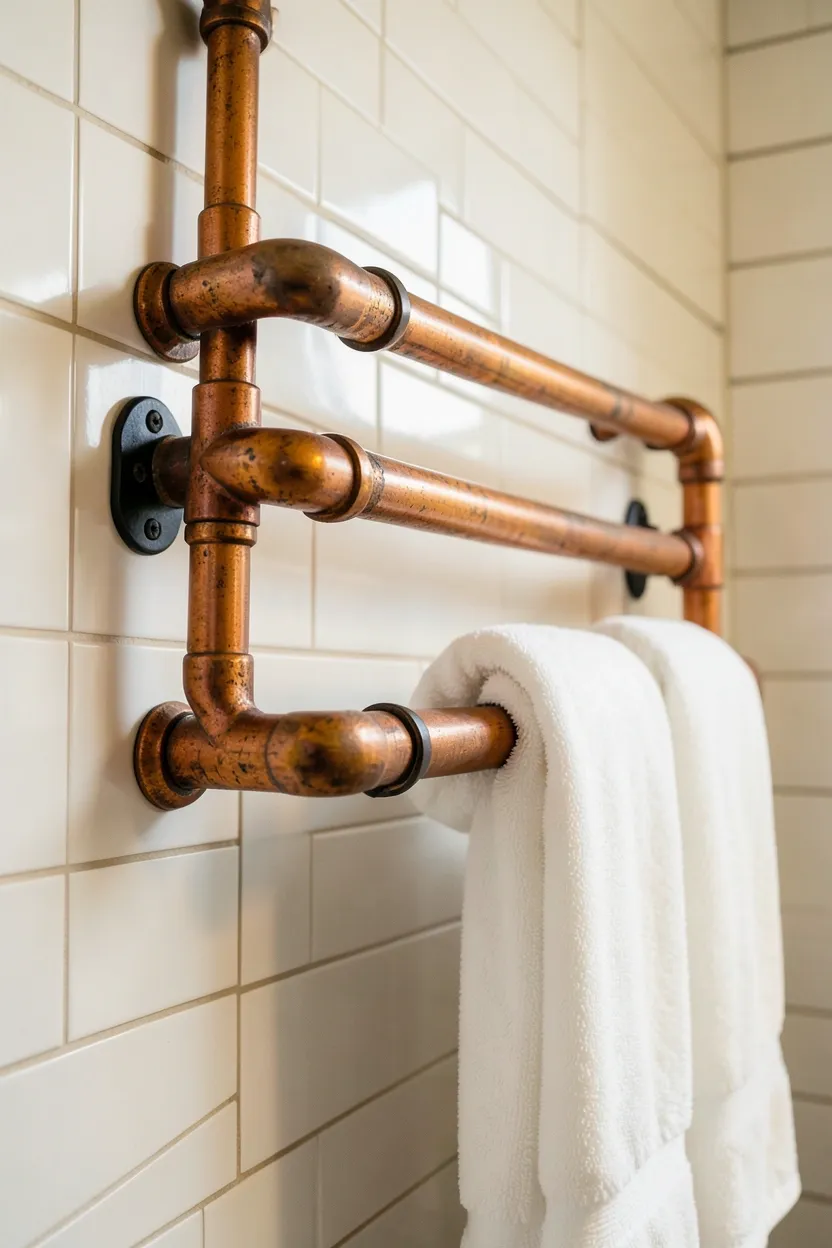 Exposed copper plumbing pipes used as towel rack and shower hardware in an industrial modern farmhouse bathroom