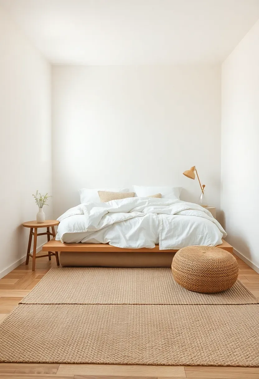 Small bedroom with soft warm white walls, ivory ceiling, and cream linen bedding — a unified pale palette making the room feel airy