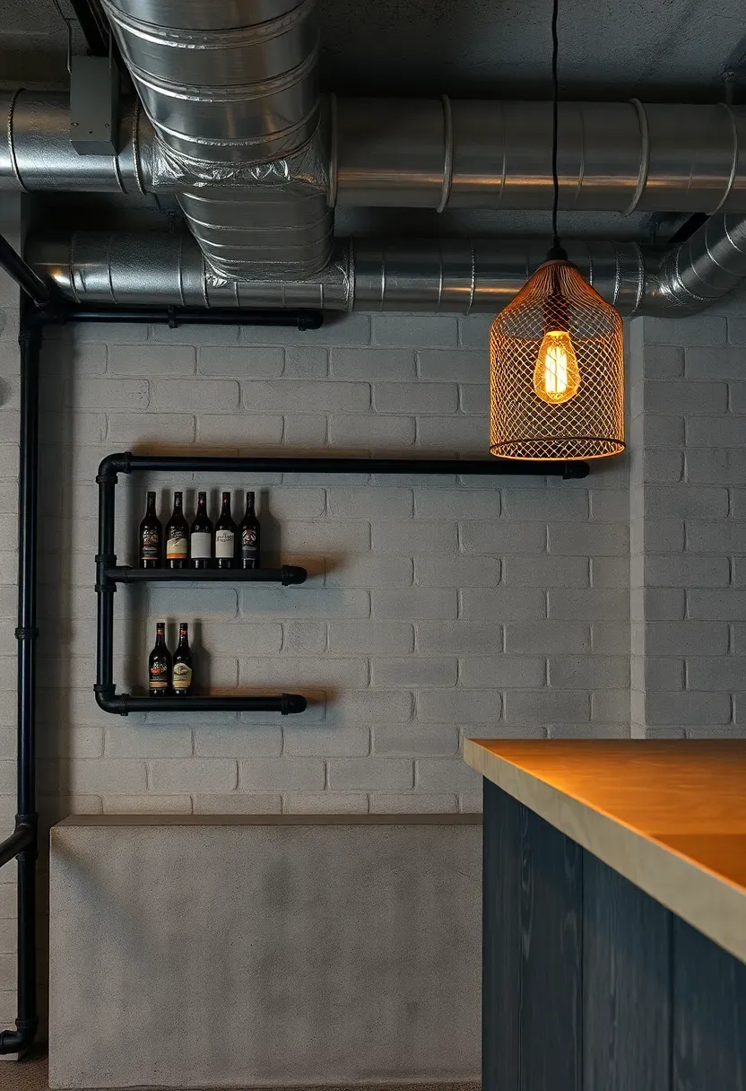 Industrial basement bar built with black iron pipe shelving, concrete countertop, exposed ductwork, and metal mesh pendant lights