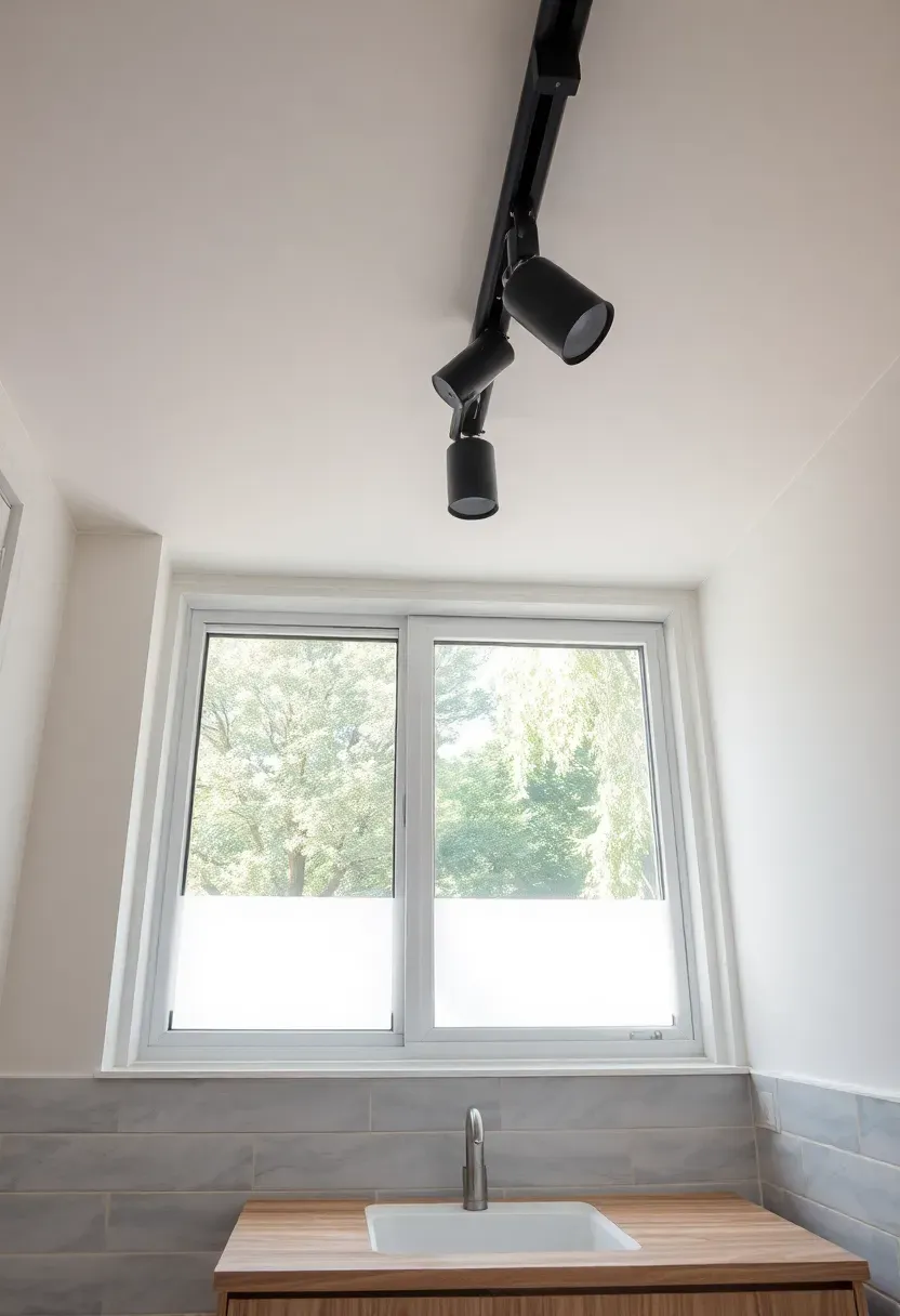 Bathroom with frosted window film on a large window and a ceiling-mounted track light system with adjustable heads aiming at the vanity