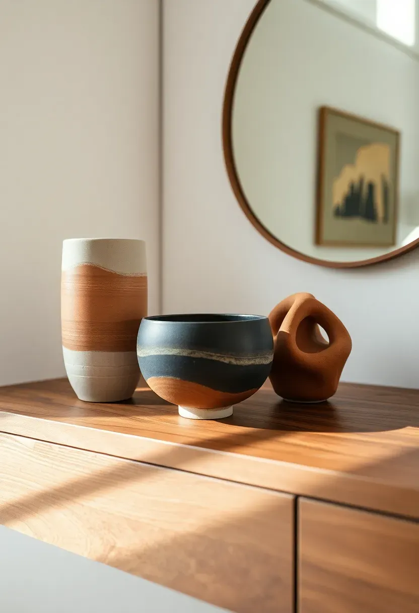 sculptural ceramic vases and handmade pottery decorating a bedroom dresser and nightstand