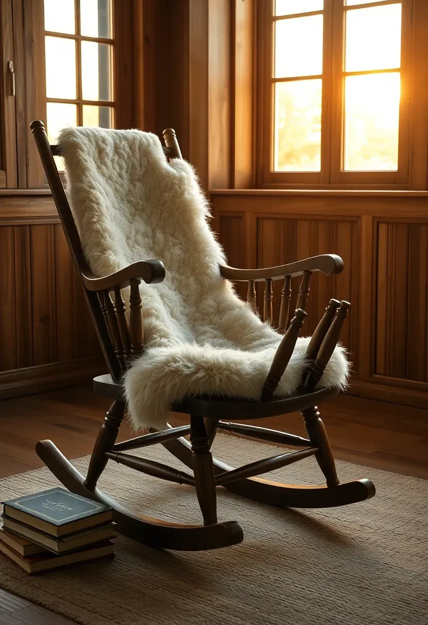 Wooden rocking chair draped with a creamy sheepskin throw in a sunroom with warm afternoon light and a small stack of books on the floor