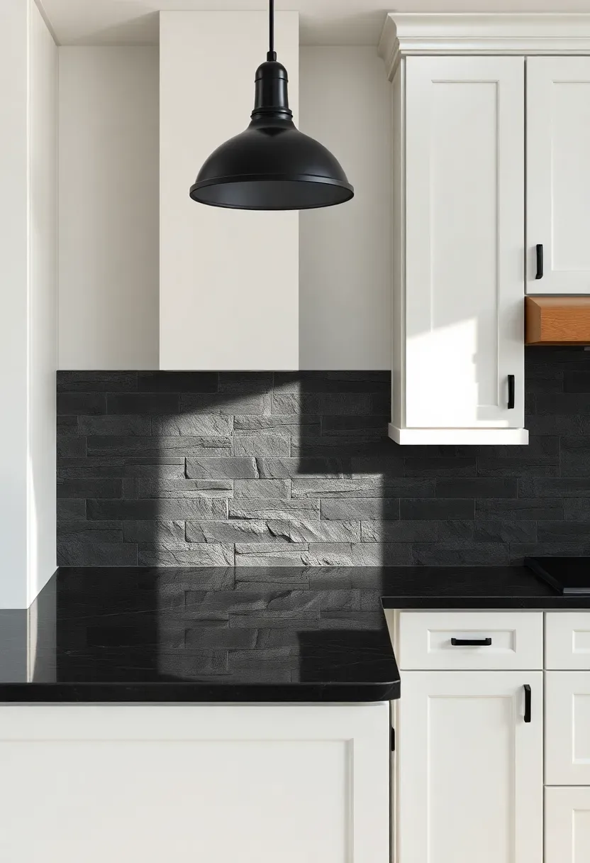 dark slate ledger stone panel backsplash with natural split face texture in a white kitchen with pendant lights and dark granite countertop