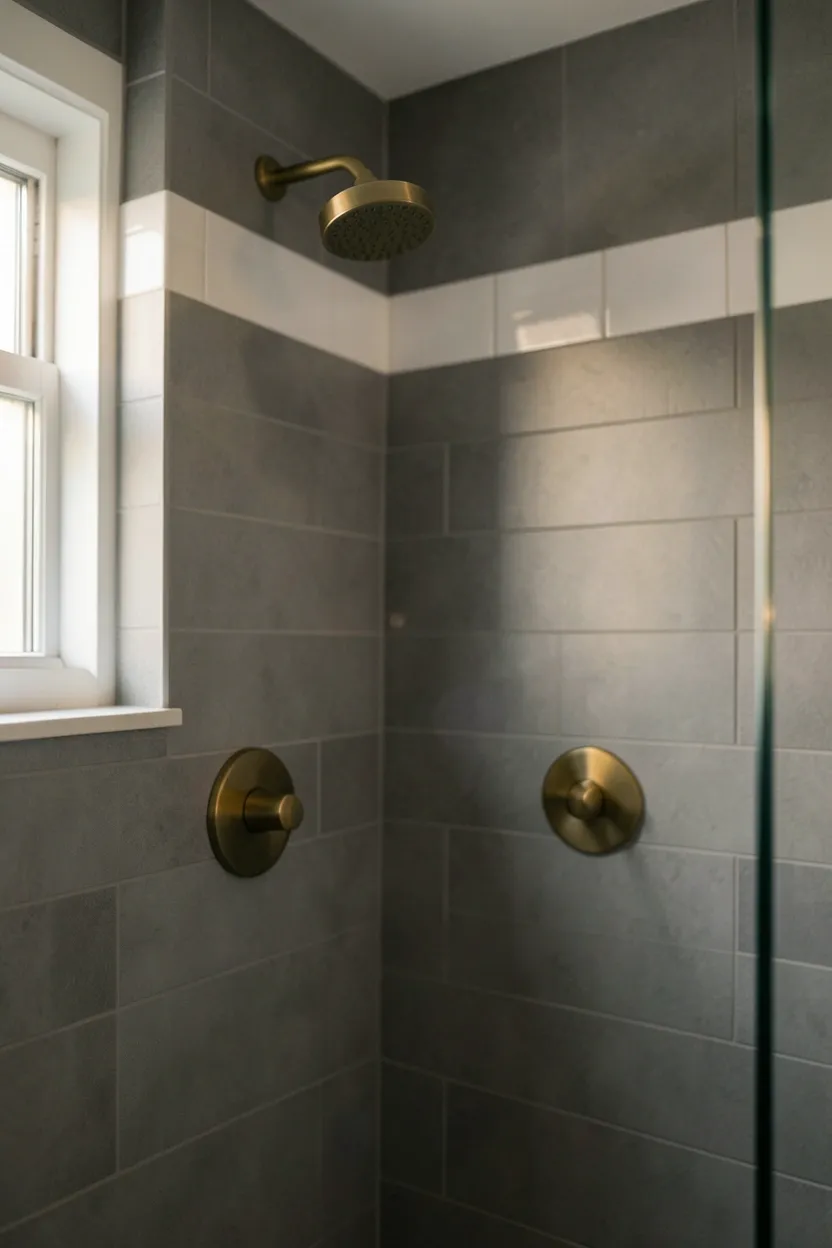 Grey matte subway tile shower with warm brass faucet and showerhead fixtures in a modern bathroom