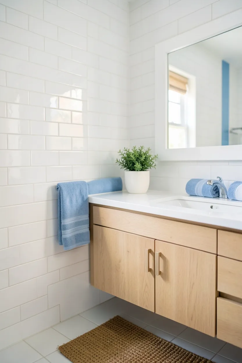 Light gray bathroom vanity with white quartz countertop and warm brass pulls in a neutral rental bathroom