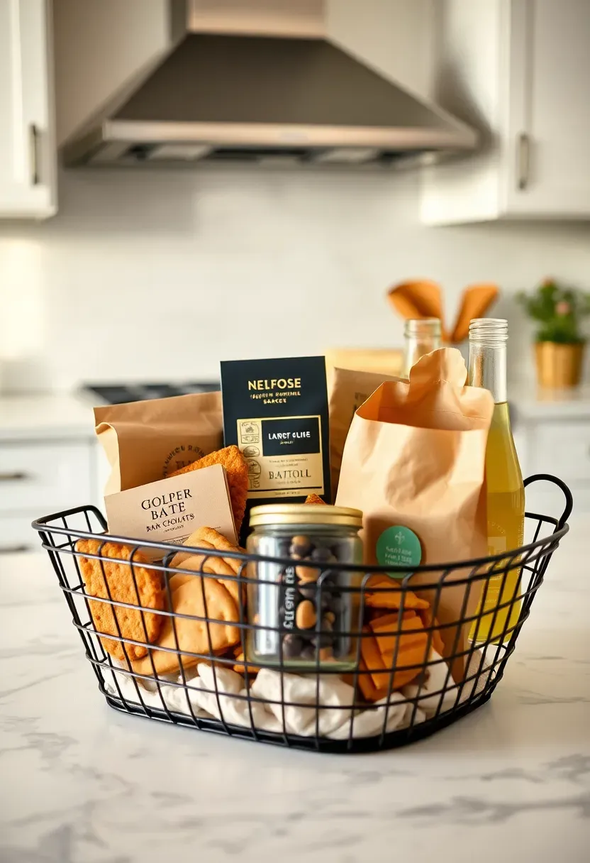 gourmet snack gift basket for new parents with artisan crackers chocolate dried fruit cheese spread and sparkling juice on a marble countertop