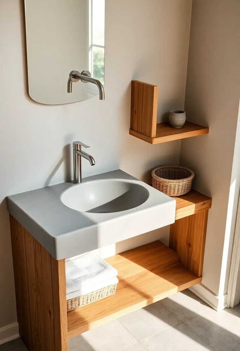 Custom concrete bathroom countertop in light gray with integrated sink basin, wall-mounted faucet, and wooden open shelving below