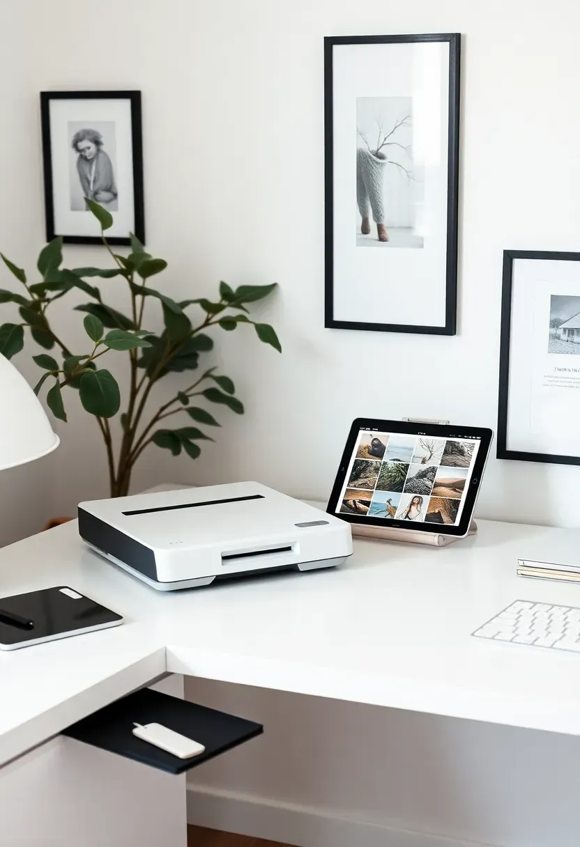 Hyper-realistic view of minimalist family office desk with flatbed scanner, tablet showing digital art gallery, small framed artwork on wall, organized papers. Materials: white desk, digital tablet, black frames. Soft ambient light, clean uncluttered workspace. Visible digital workflow. Sharp focus on scanner. No text, no logos, no watermarks.</p>