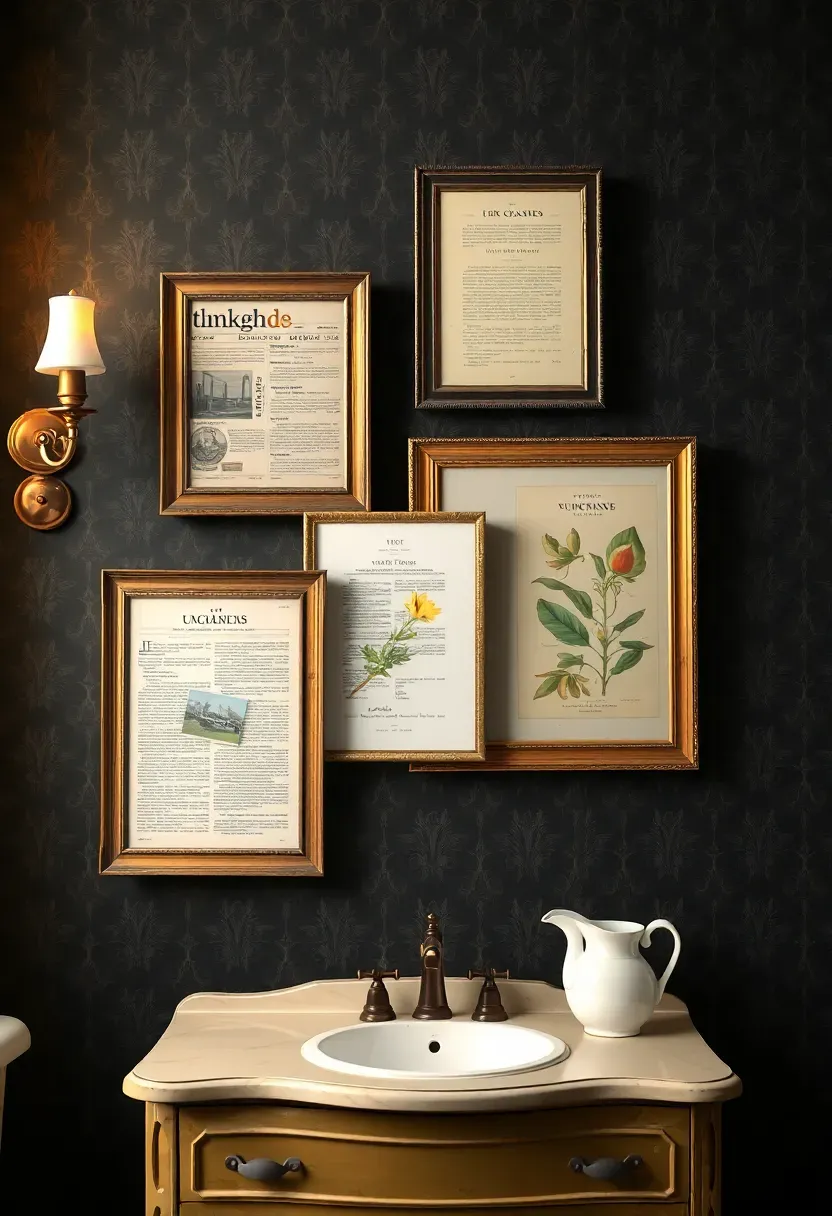 Three vintage magazine covers and a botanical book page in mismatched antique frames hung above a vintage style washstand with a porcelain pitcher