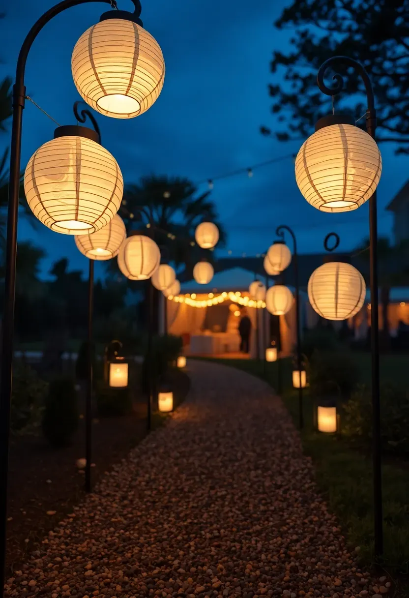 A winding pathway through a backyard lit by hanging paper lanterns in warm white leading toward a wedding reception area at twilight