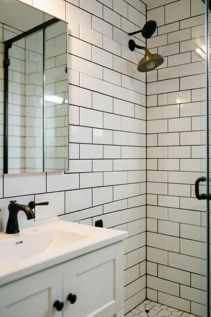 White subway tile shower wall with dark black grout lines creating bold geometric contrast — budget bathroom tile technique for renters