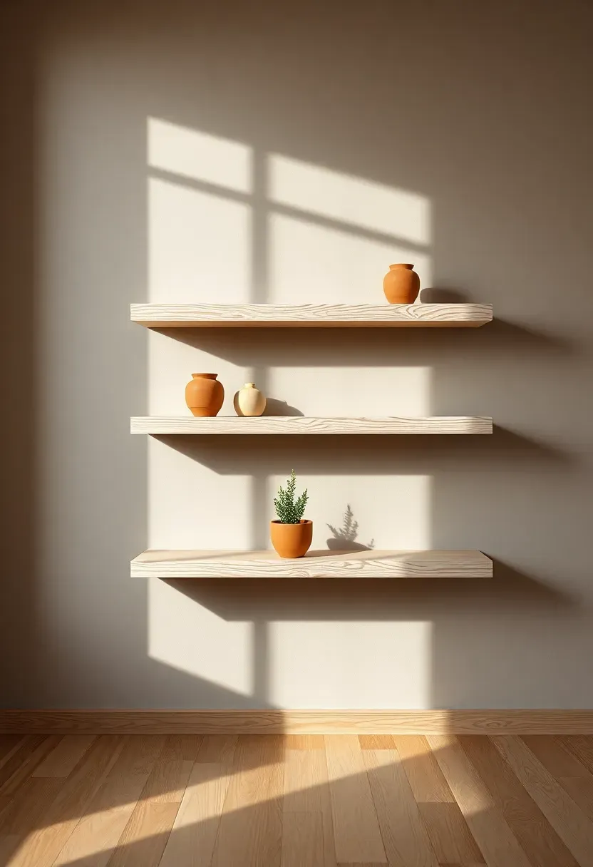 Hyper-realistic 3/4 view of an earthy modern living room featuring floating white oak wood shelves with visible grain mounted on warm gray plaster wall.