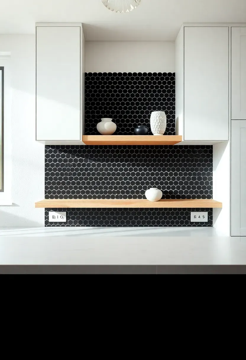 matte black penny round mosaic tile backsplash in a modern white kitchen with floating shelves and concrete countertop