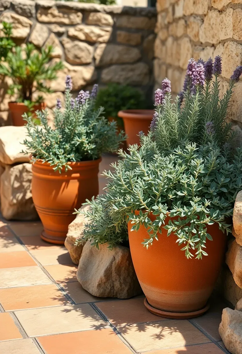 Mediterranean-style garden terrace with terracotta pots, rosemary, lavender, thyme, and warm ochre flagstone set among weathered limestone rocks