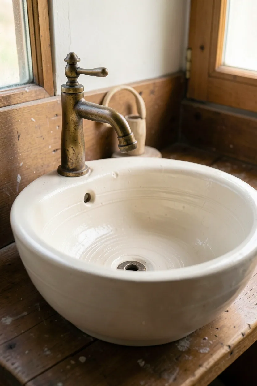 Handmade ceramic sink basin with visible throwing lines and creamy white glaze in a natural wabi-sabi bathroom