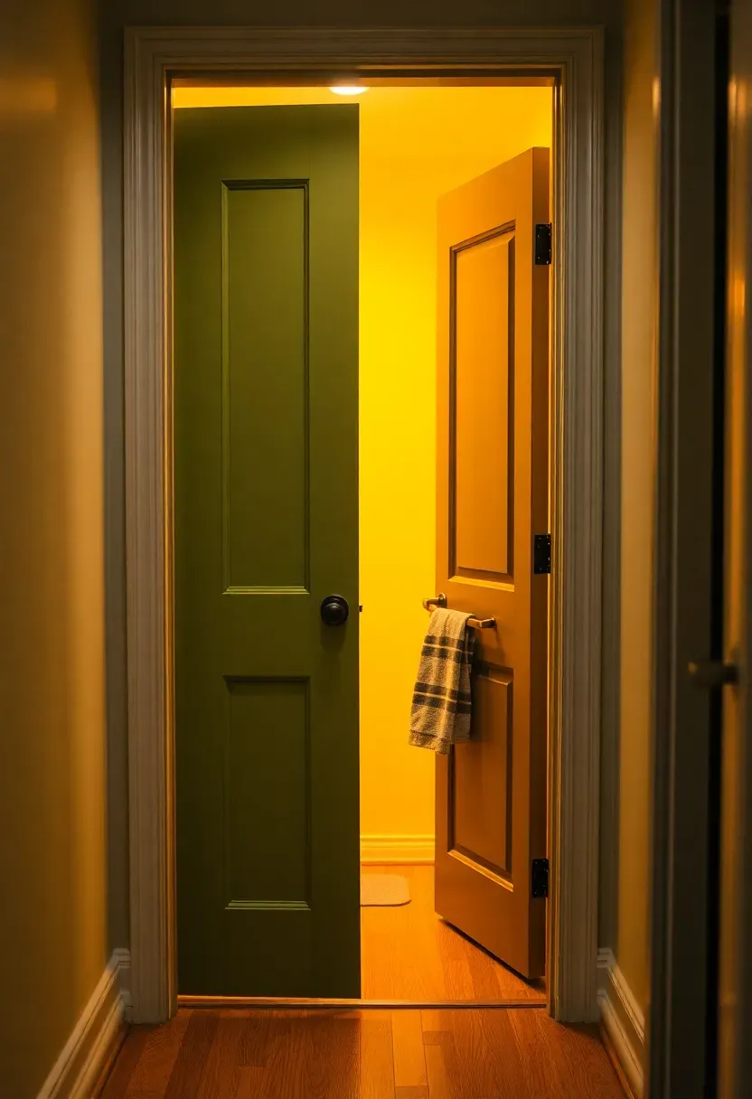 A sage green Dutch door at the top of basement stairs with the top half open and warm stairwell lighting below