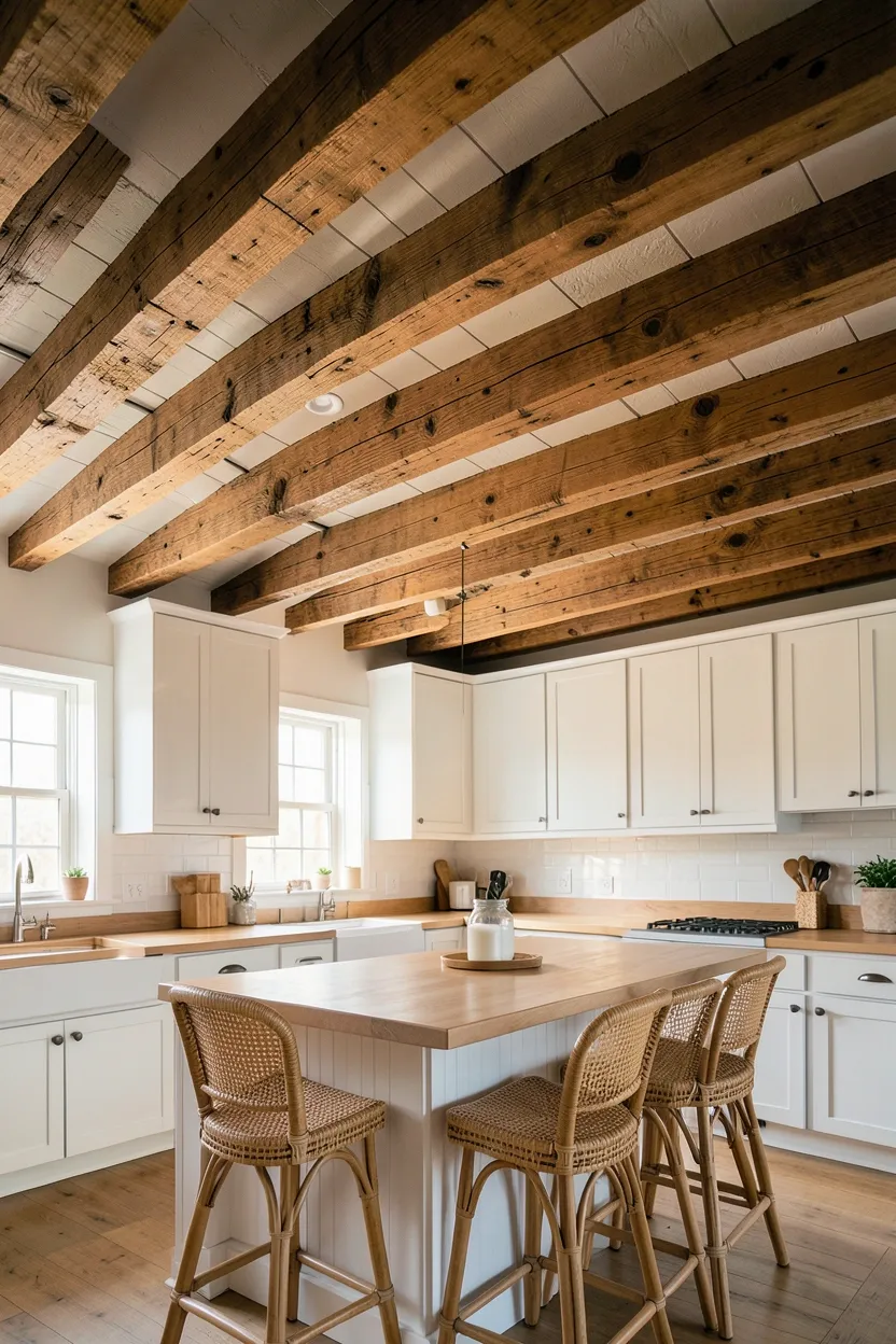 Hyper-realistic wide shot of a boho kitchen with exposed wood beams on the ceiling. The beams are reclaimed oak with natural grain patterns and a warm, weathered finish. Multiple beams run parallel across the ceiling with natural spacing between them. Below, white shaker cabinets and light wood countertops. Rattan bar stools at island. Natural light streaming through windows and reflecting off the beams. Materials: reclaimed oak, white painted wood, light oak, natural rattan. Warm and rustic boho mood. Sharp focus on the beam texture and ceiling details. No text, no logos, no watermarks.</p>