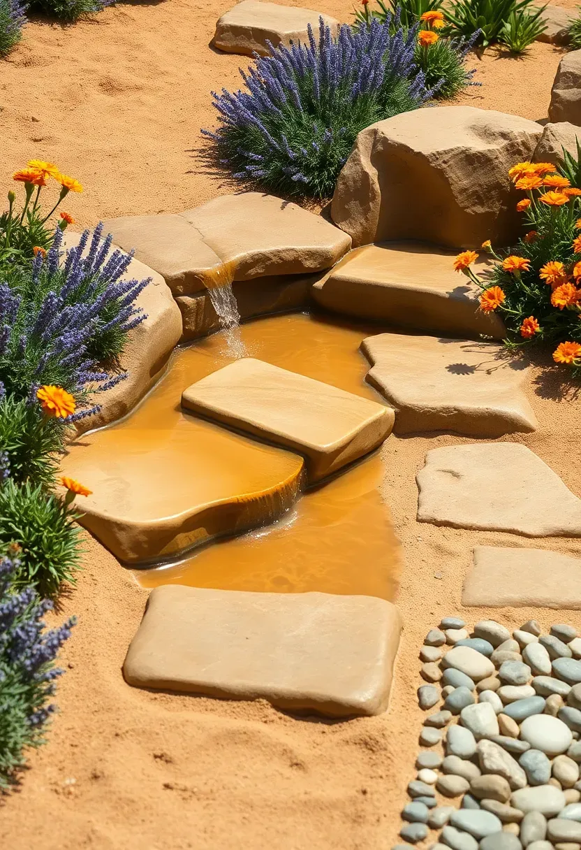 Children's interactive waterfall play garden with shallow stepped stream over flat sandstone stones, marigolds and lavender at the edges, pebble mosaic stepping stones