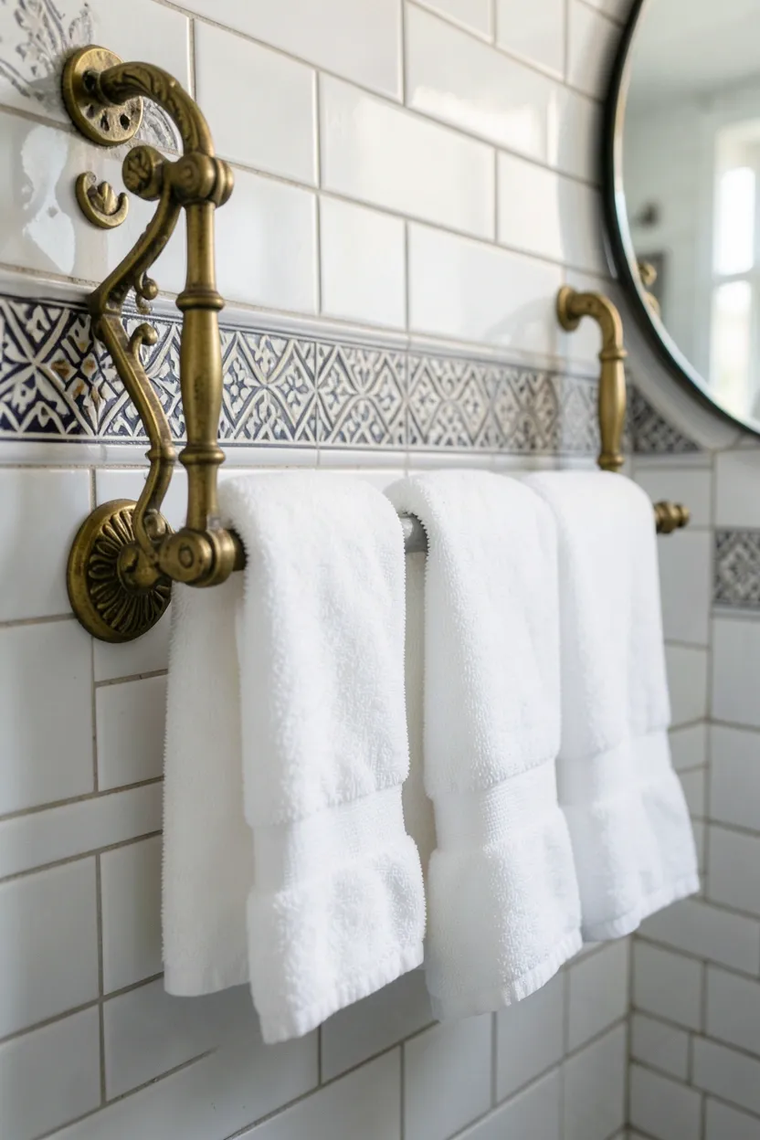 Hyper-realistic eye-level photograph of a Moroccan-style bathroom wall featuring ornate brass towel rail with geometric Moroccan patterns and scrollwork details, holding two neatly folded white towels, white subway tile background, small round mirror. Natural light reflecting off brass. Materials: aged brass metal, white cotton towels, white ceramic tiles. Ornate brass hardware detail. Intricate geometric patterns. No text, no logos, no watermarks.</p>