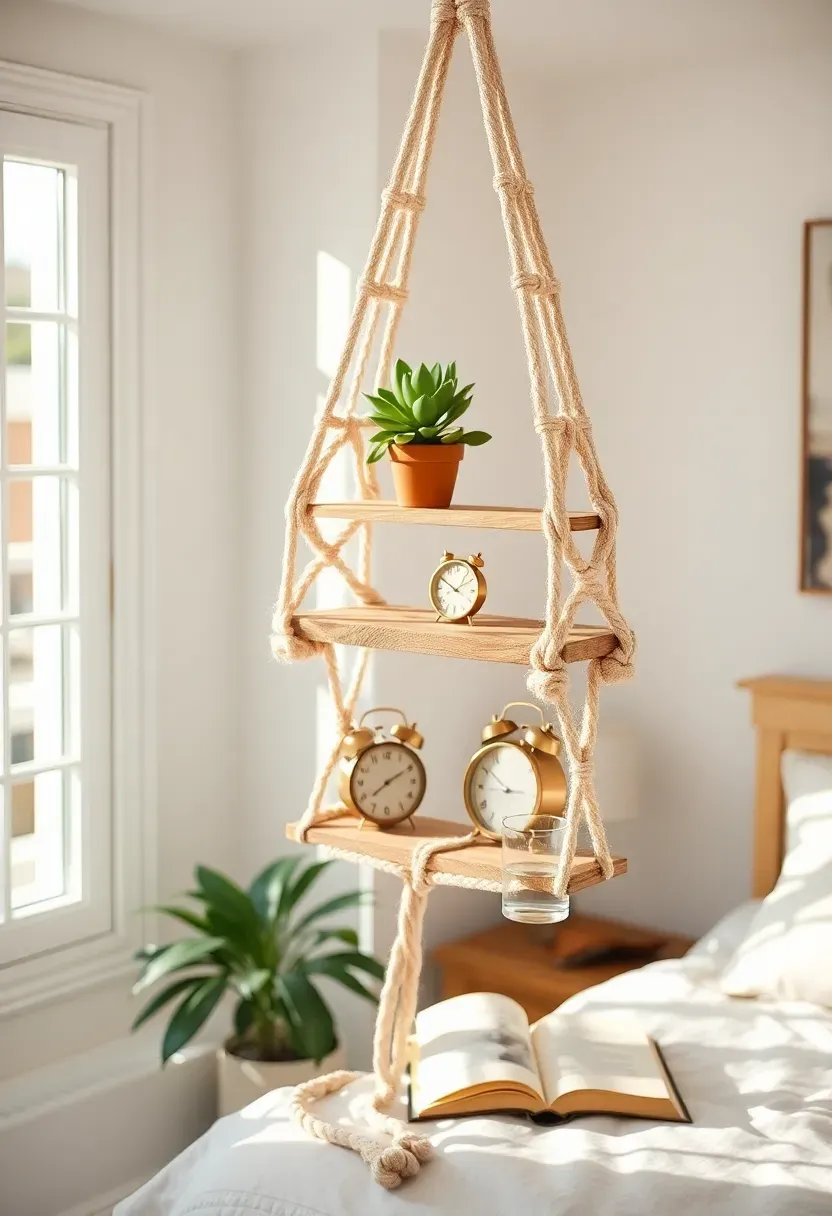 Handmade macrame hanging shelf beside a bed in a sunroom, holding a small plant, alarm clock, and book, natural light illuminating the knotted cotton rope detail