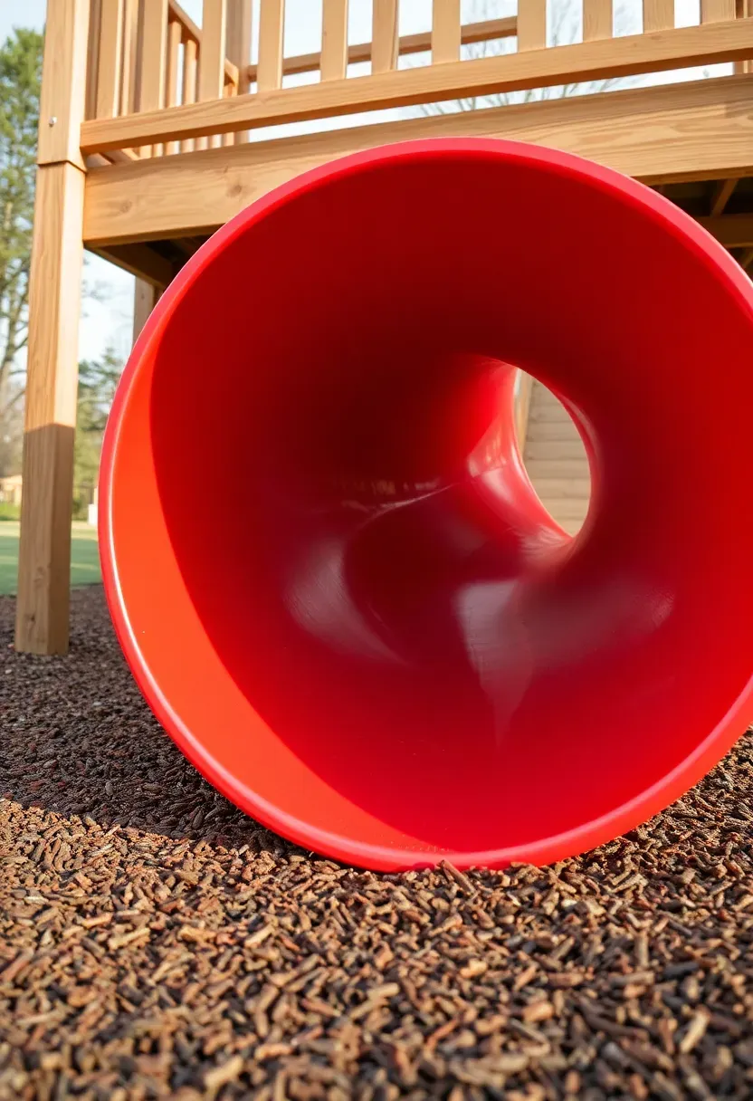 Bright colored spiral tube slide descending from elevated wooden playground platform into soft rubber mulch landing area