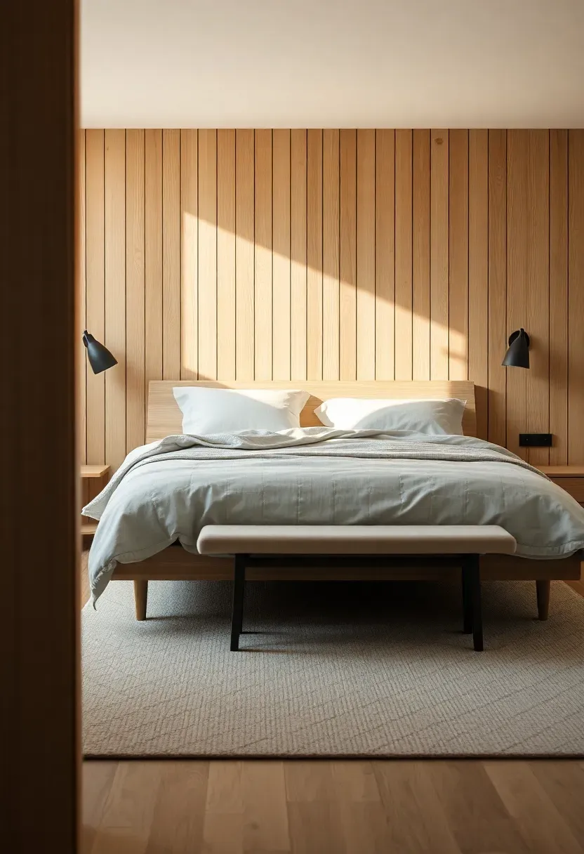 Full-height slatted headboard wall to unify the zone
