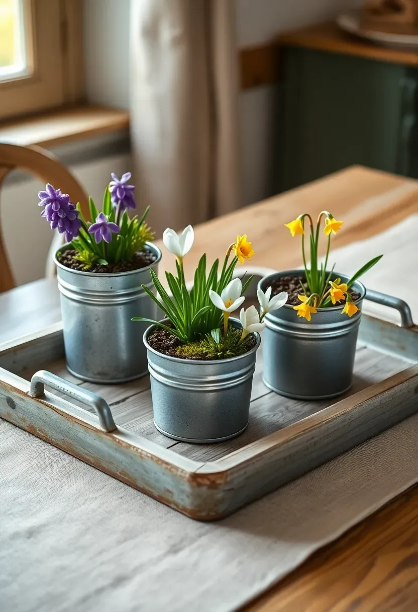 potted spring bulbs in galvanized tin containers with moss on rustic table