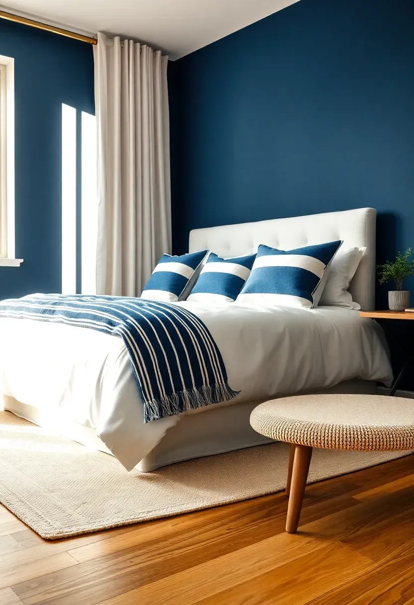 cozy bedroom with a rich navy blue painted accent wall behind a white upholstered bed with layered blue and white pillows and warm wood floors