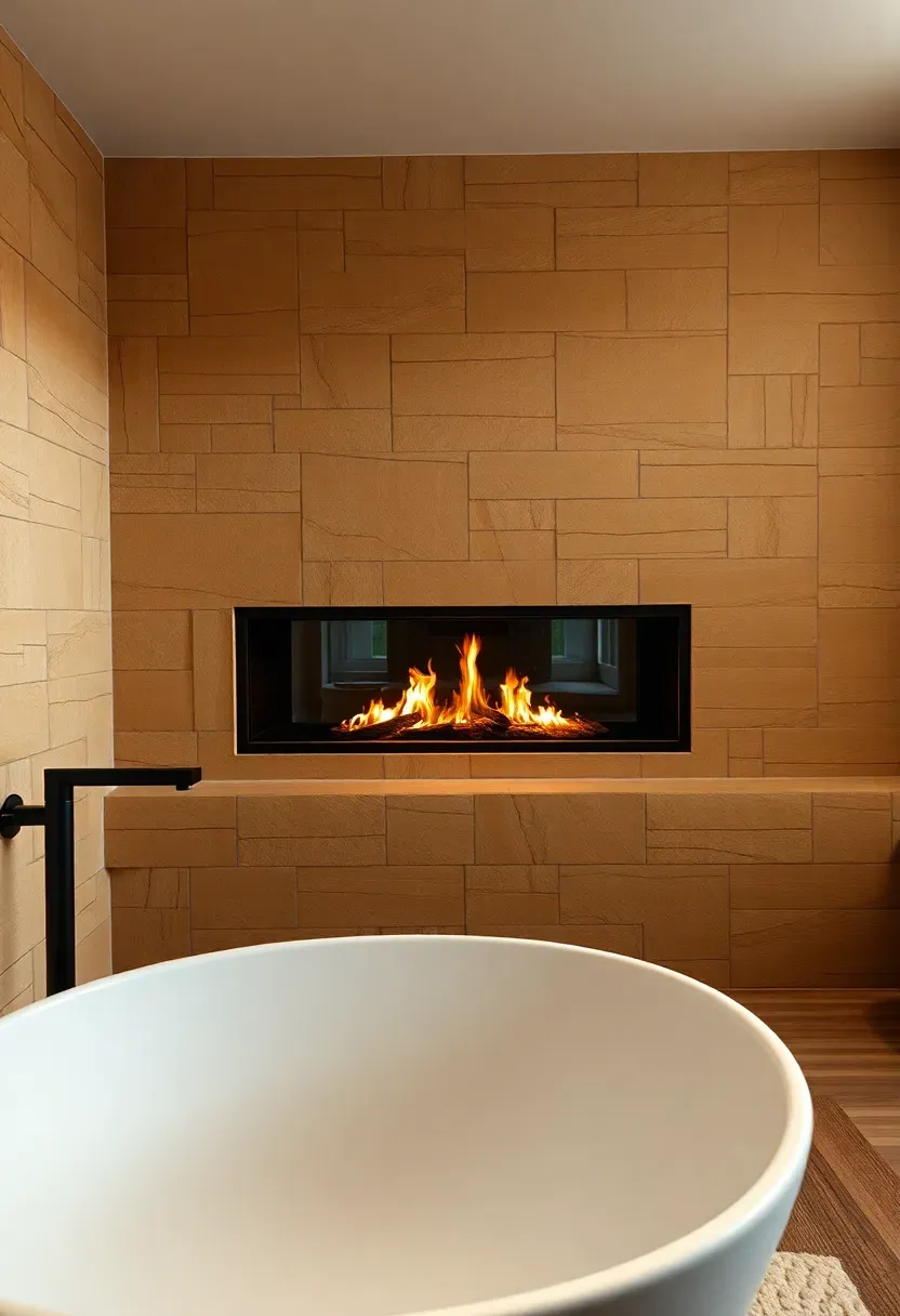 Cozy bathroom with a modern linear fireplace beside a freestanding soaking tub and warm stone walls