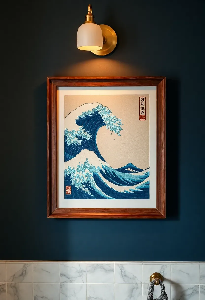 Framed Japanese ukiyo-e woodblock print of ocean waves in indigo and cream tones on a dark navy bathroom wall