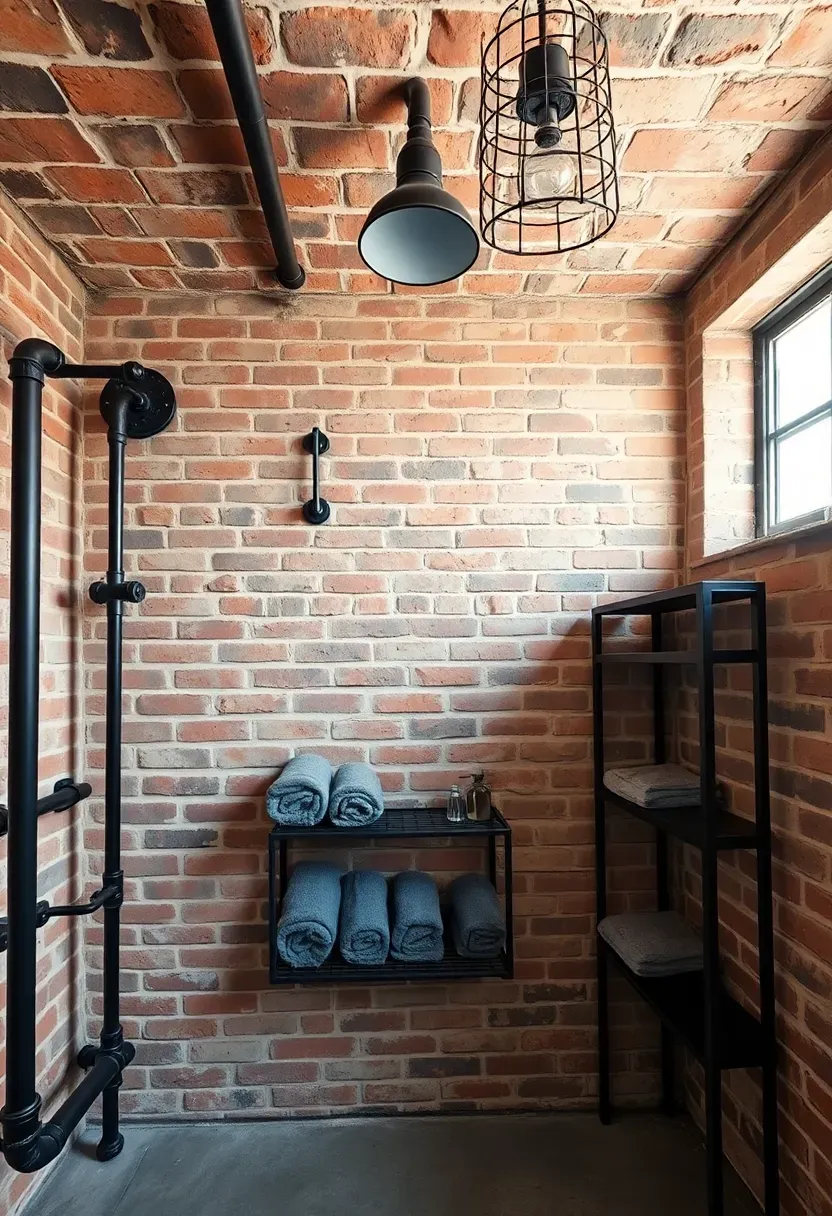 Exposed aged brick ceiling in a loft bathroom with industrial fixtures and open metal shelving