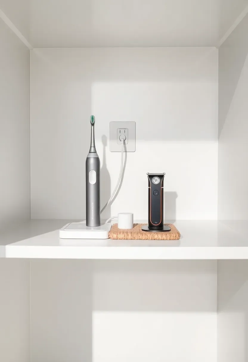 Bathroom linen closet shelf with discreet built-in charging station holding electric toothbrush base and razor charger with cables hidden