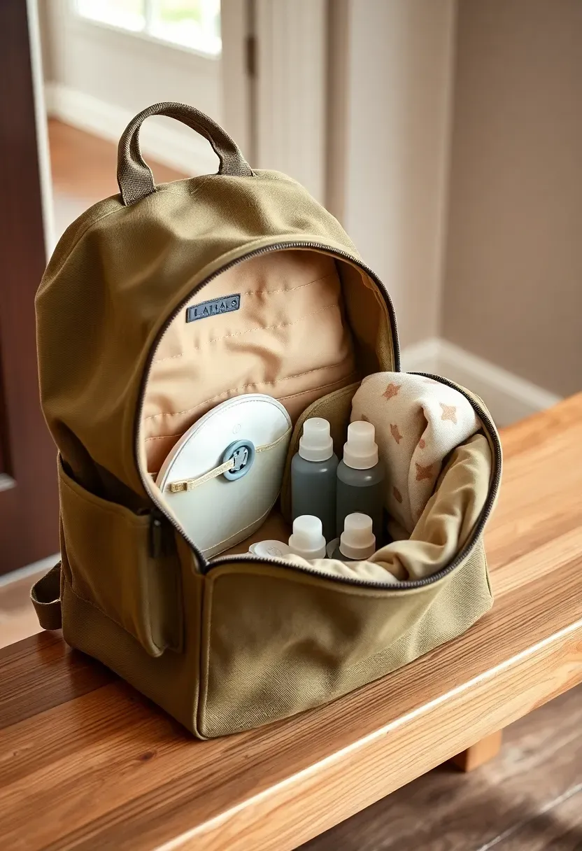 travel-ready baby basket built inside a stylish diaper bag with portable changing pad pacifier clip and mini toiletries arranged neatly
