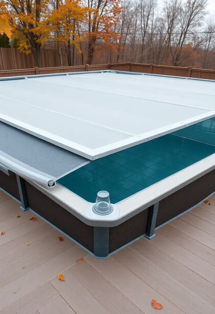 Hyper-realistic 3/4 view of above-ground pool with installed track-style safety cover in closed position across pool surface. Materials: light gray mesh safety cover fabric, aluminum tracks mounted to deck perimeter, dark pool framework visible beneath semi-transparent cover, composite deck surface in warm gray, leaf-free surrounding area. Overcast late autumn daylight showing cover tension and track system clearly. Off-season preparedness mood showing pool properly secured for winter. Cover surface revealing underlying water. Clean deck surface free of debris. Visible track system integrated flush with deck surface. No text, no logos, no watermarks.</p>
